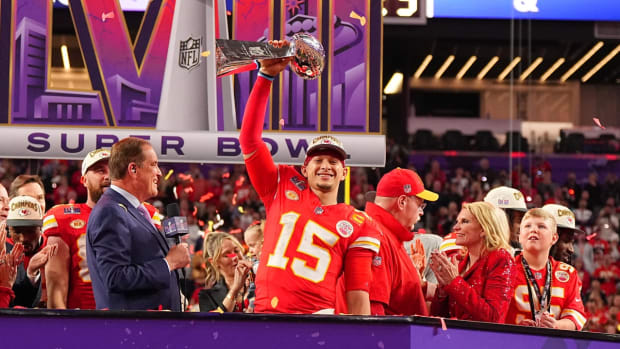 Kansas City Chiefs quarterback Patrick Mahomes celebrates after winning Super Bowl LVIII